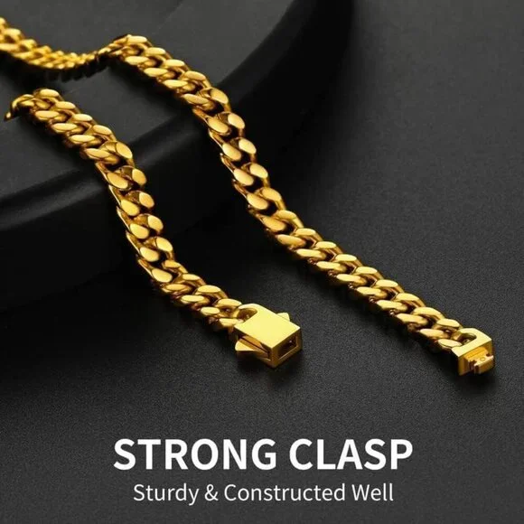 Gold/18K 5 mm width Plated Miami Cuban Chain Necklace | Stainless Steel Men - Picture 3 of 7